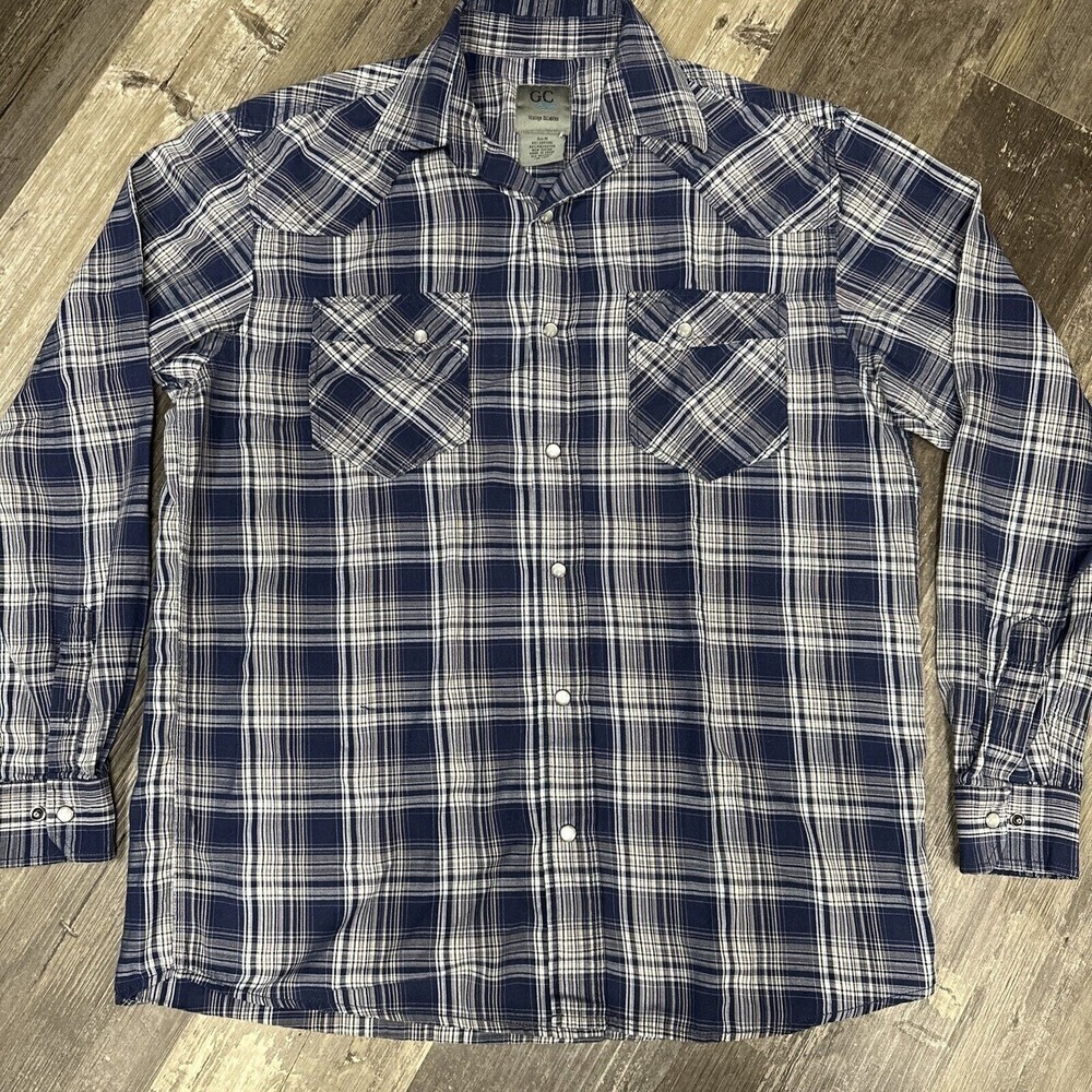 Gc BLUE Mens Sz M Vintage Collection Pearl Snap Shirt Plaid Blue Tan